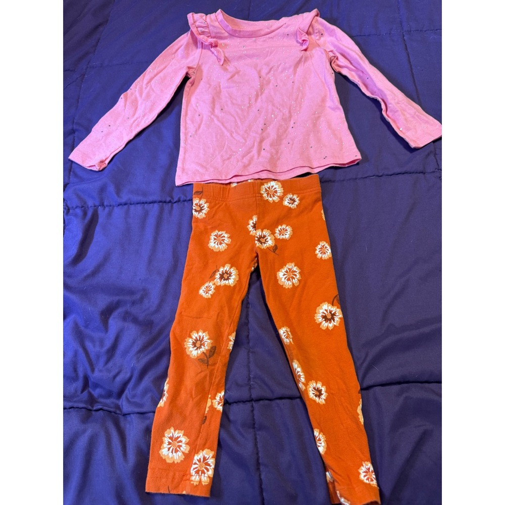 Okie Dokie Pink Glitter Heart Top & Carters Floral Leggings Set 3T Toddler Girls
